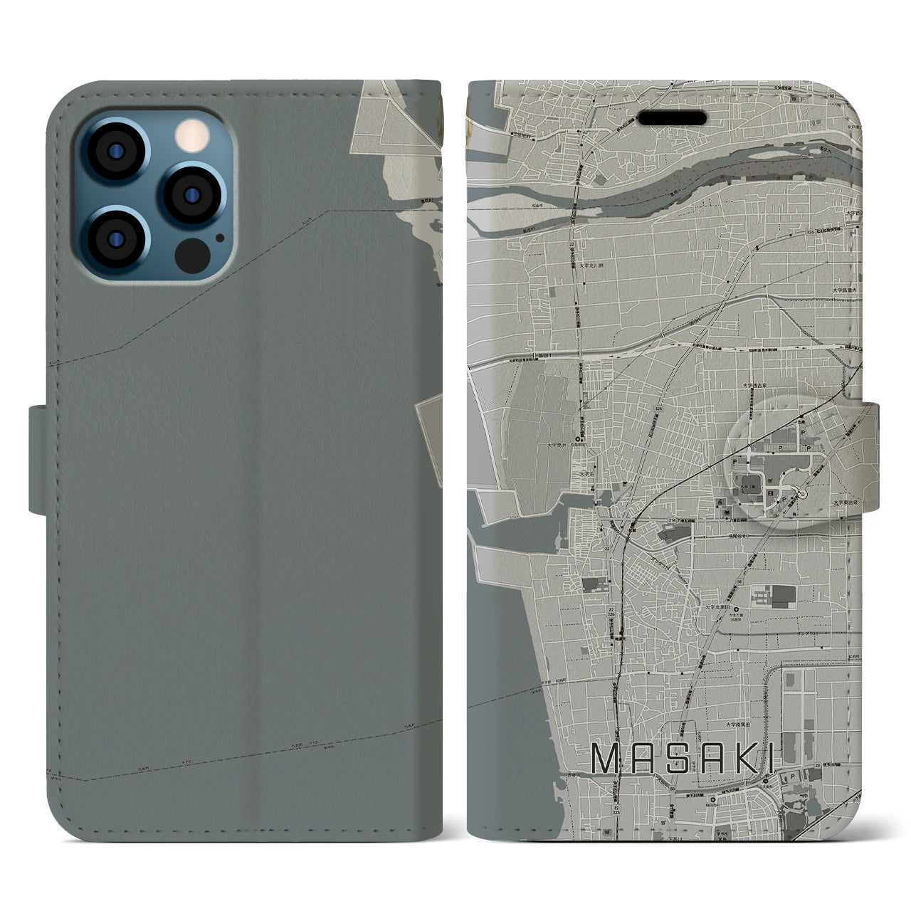 【松前(愛媛県)】地図柄iPhoneケース(手帳タイプ)モノトーン・iPhone 12 / 12 Pro 用