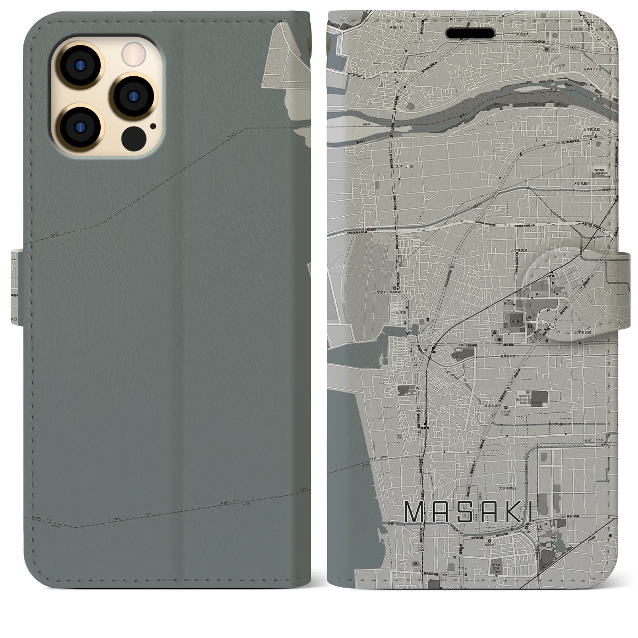 【松前(愛媛県)】地図柄iPhoneケース(手帳タイプ)モノトーン・iPhone 12 Pro Max 用