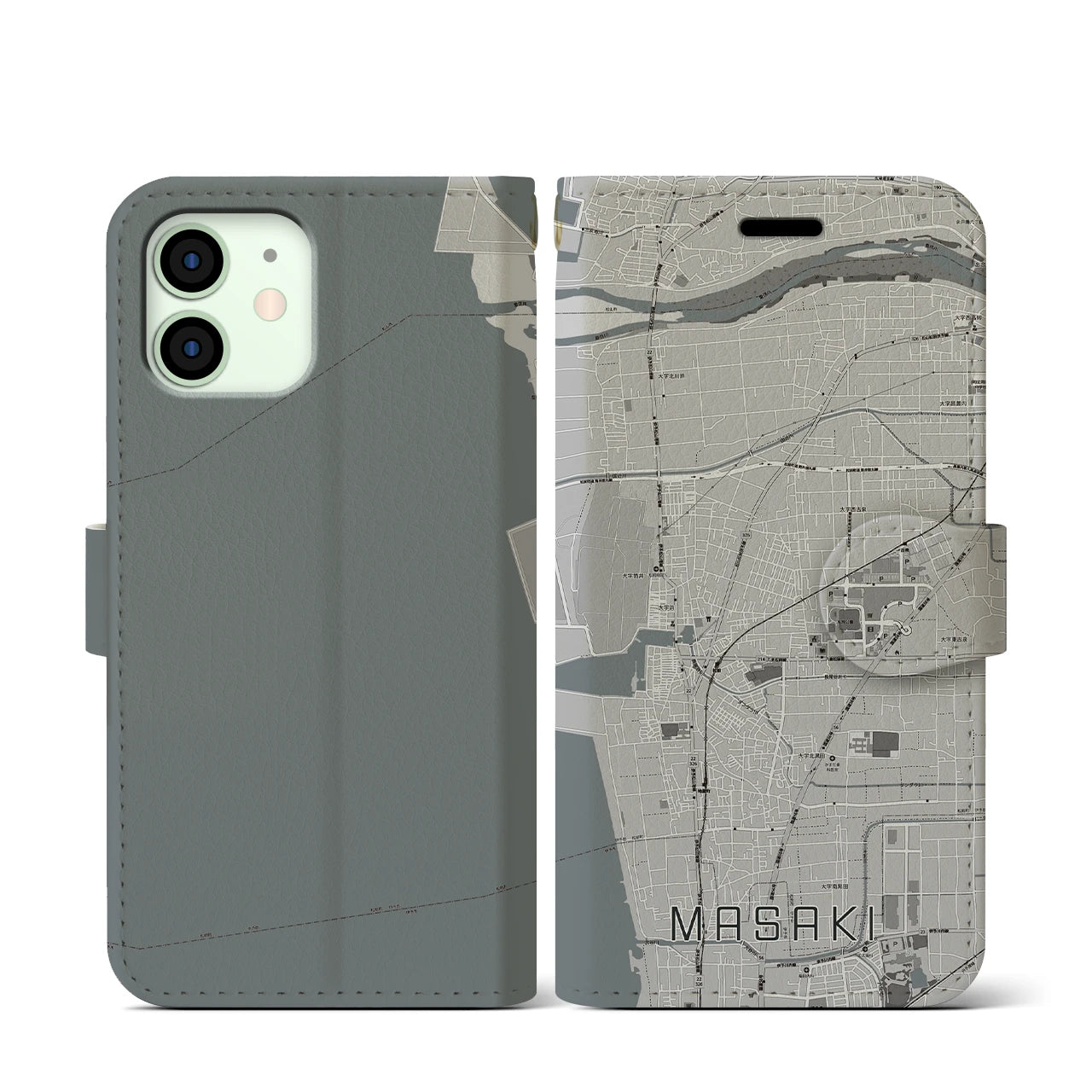 【松前(愛媛県)】地図柄iPhoneケース(手帳タイプ)モノトーン・iPhone 12 mini 用