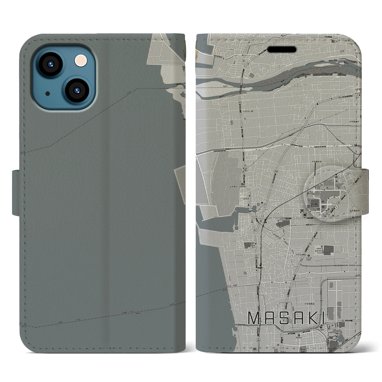 【松前(愛媛県)】地図柄iPhoneケース(手帳タイプ)モノトーン・iPhone 13 用