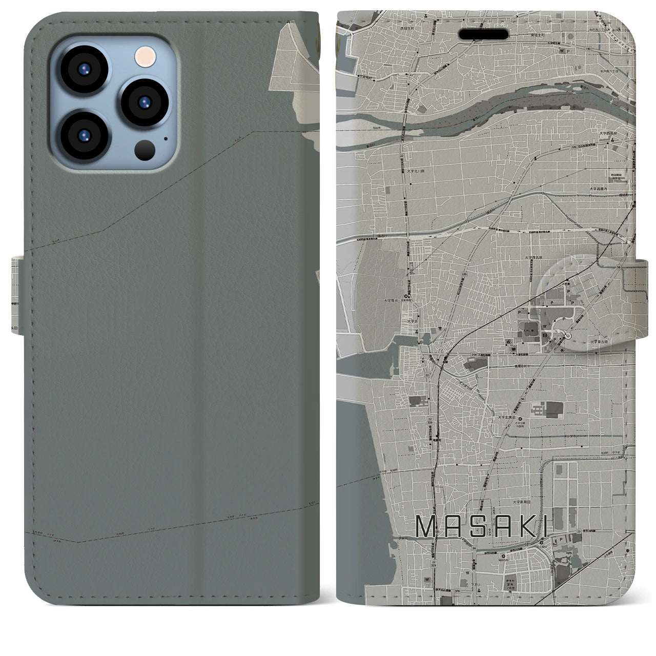 【松前(愛媛県)】地図柄iPhoneケース(手帳タイプ)モノトーン・iPhone 13 Pro Max 用
