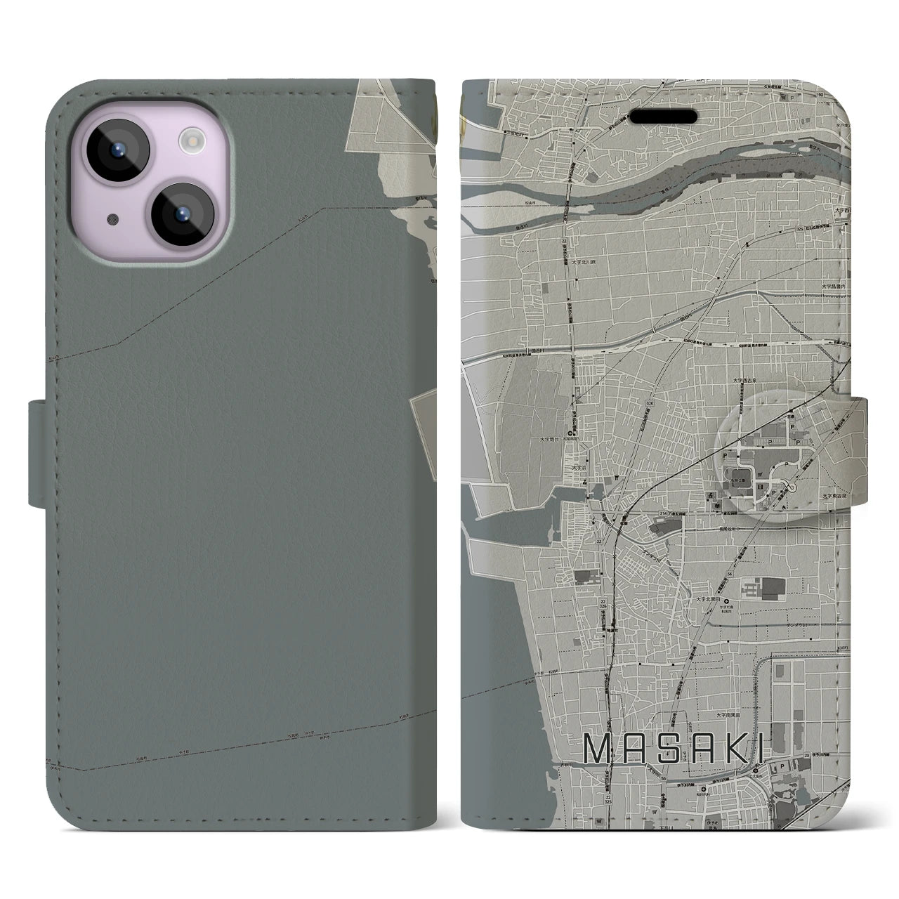 【松前(愛媛県)】地図柄iPhoneケース(手帳タイプ)モノトーン・iPhone 14 用