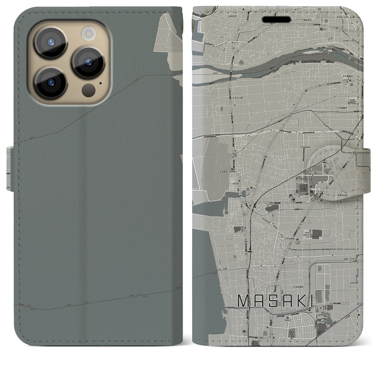 【松前(愛媛県)】地図柄iPhoneケース(手帳タイプ)モノトーン・iPhone 14 Pro Max 用