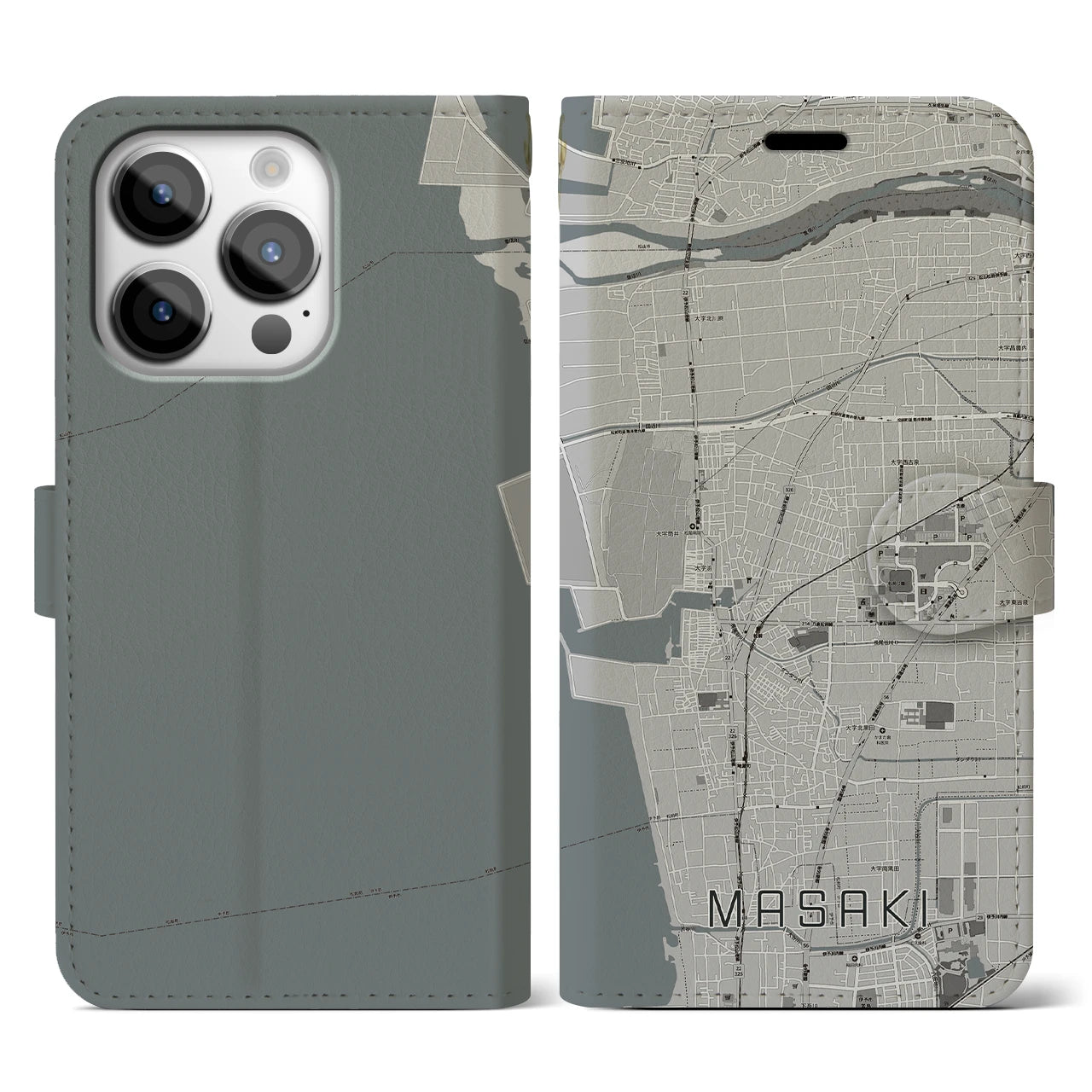 【松前(愛媛県)】地図柄iPhoneケース(手帳タイプ)モノトーン・iPhone 14 Pro 用