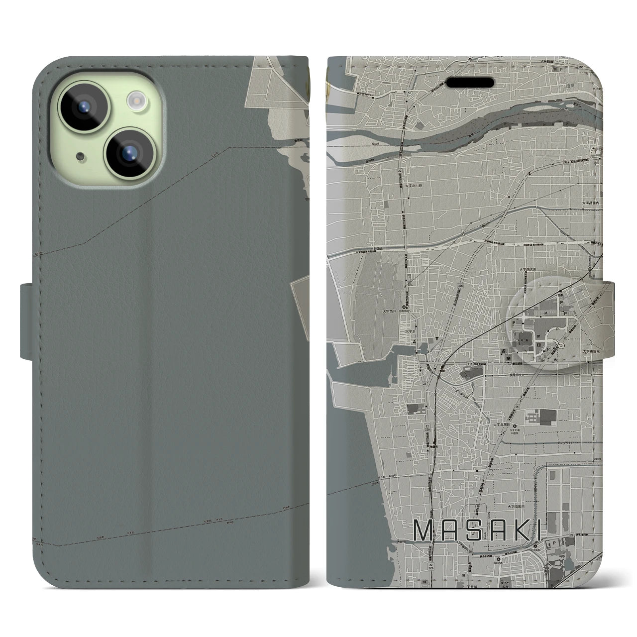 【松前(愛媛県)】地図柄iPhoneケース(手帳タイプ)モノトーン・iPhone 15 用