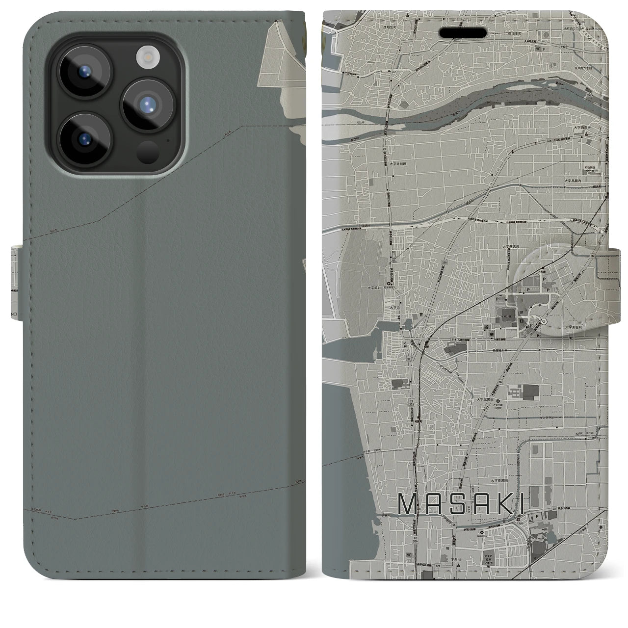 【松前(愛媛県)】地図柄iPhoneケース(手帳タイプ)モノトーン・iPhone 15 Pro Max 用