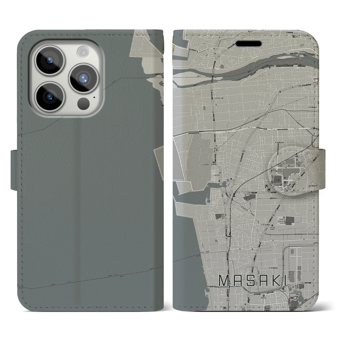 【松前(愛媛県)】地図柄iPhoneケース(手帳タイプ)モノトーン・iPhone 15 Pro 用