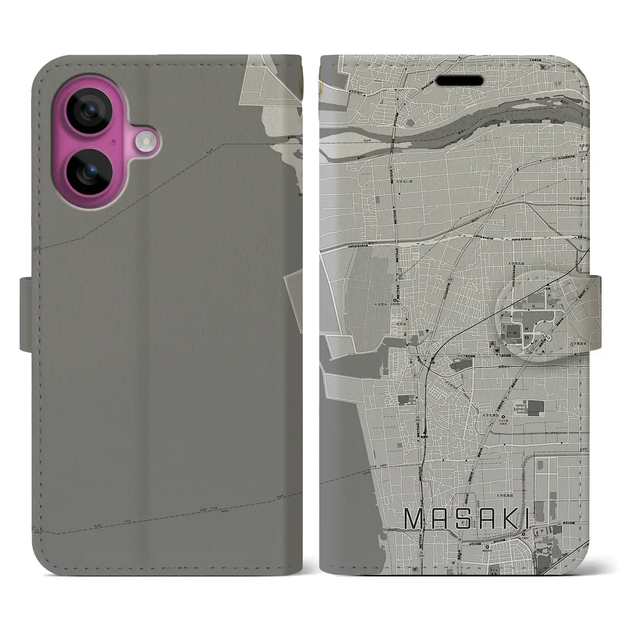 【松前(愛媛県)】地図柄iPhoneケース(手帳タイプ)モノトーン・iPhone 16 Pro 用