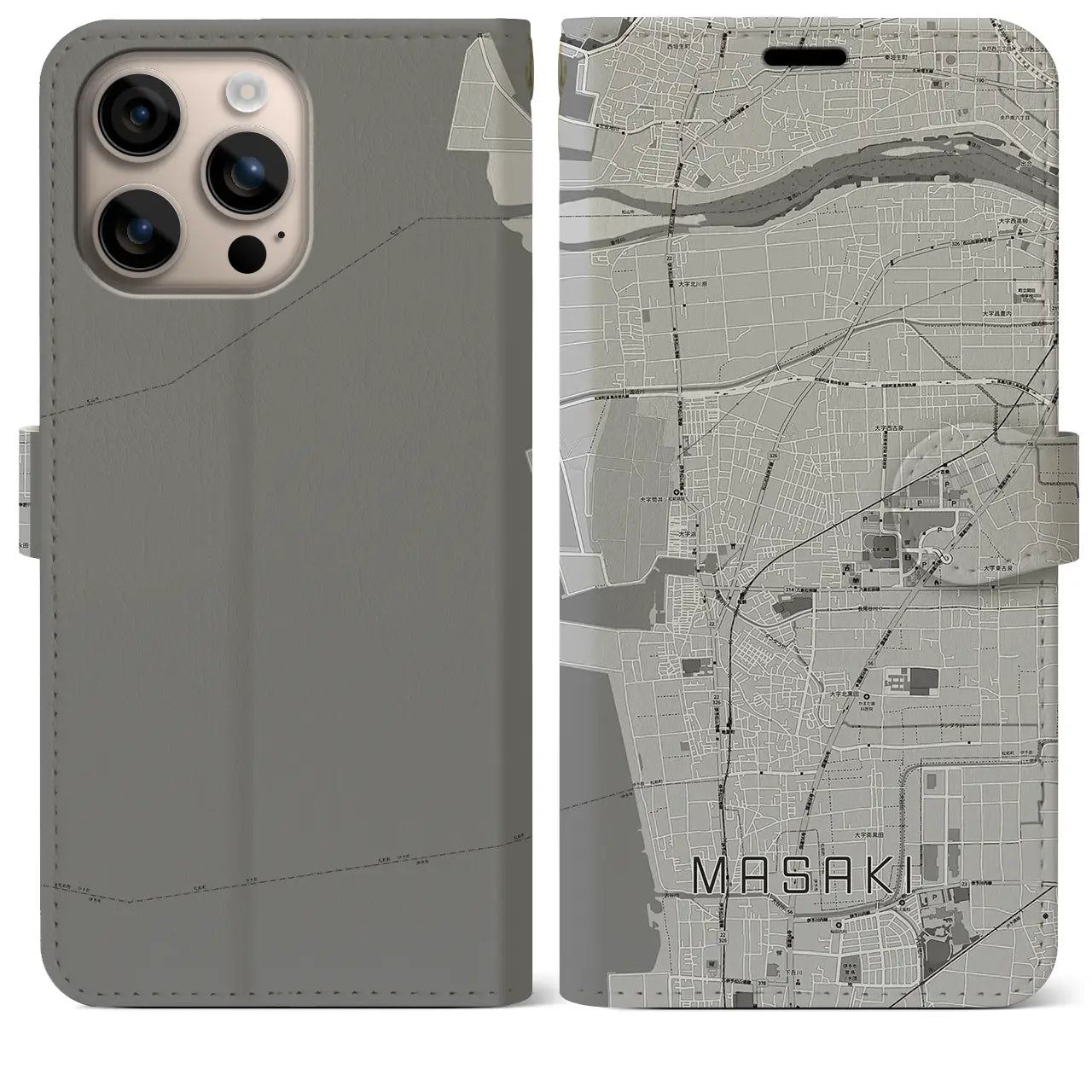 【松前(愛媛県)】地図柄iPhoneケース(手帳タイプ)モノトーン・iPhone 16 Plus 用