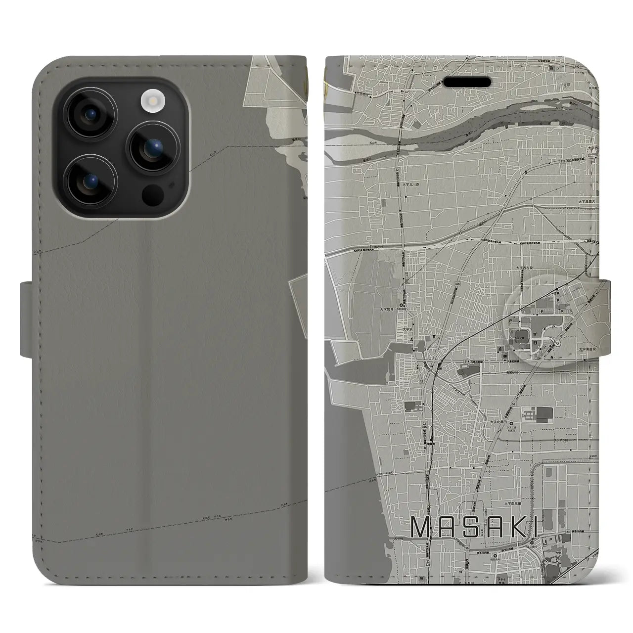 【松前(愛媛県)】地図柄iPhoneケース(手帳タイプ)モノトーン・iPhone 16 用