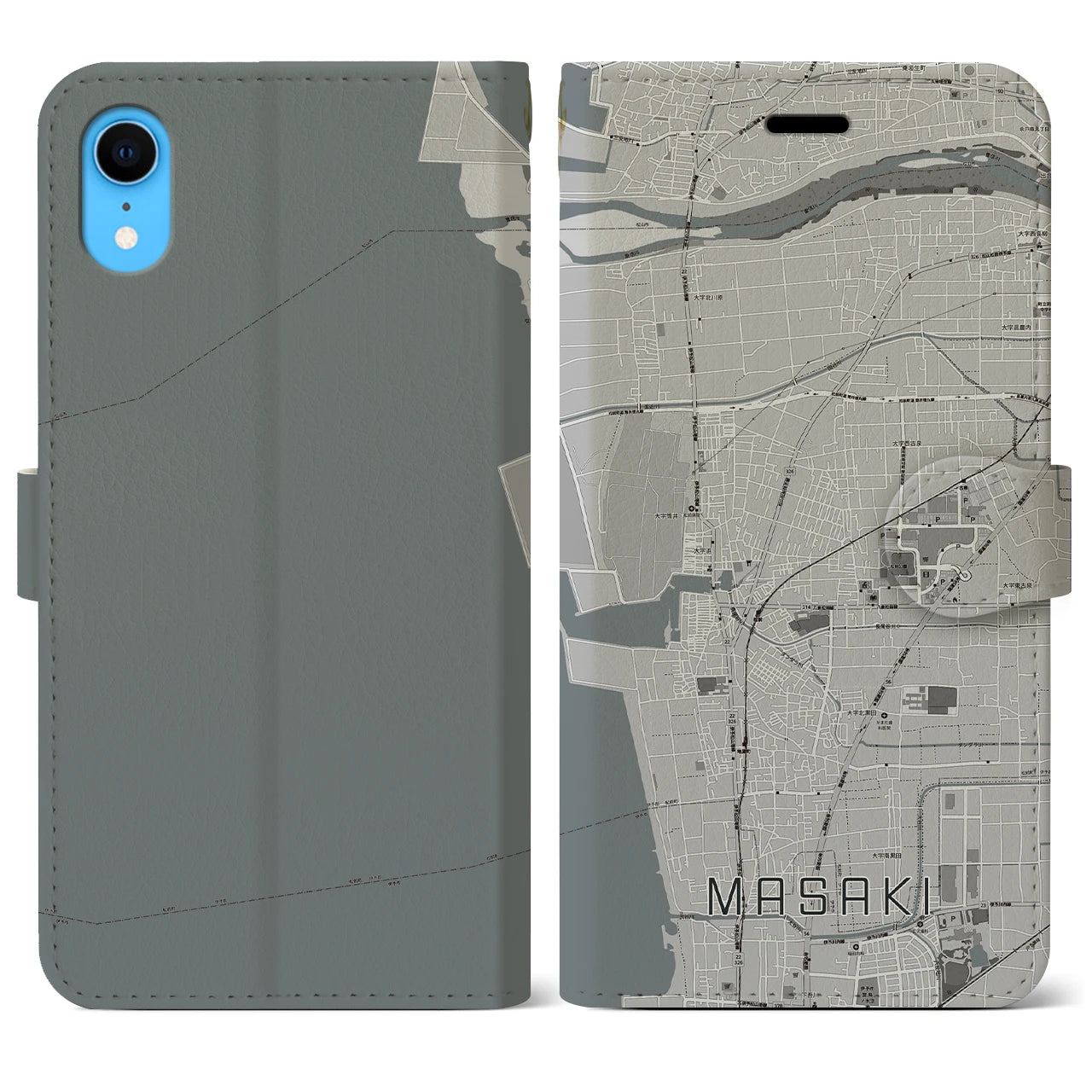 【松前(愛媛県)】地図柄iPhoneケース(手帳タイプ)モノトーン・iPhone XR 用