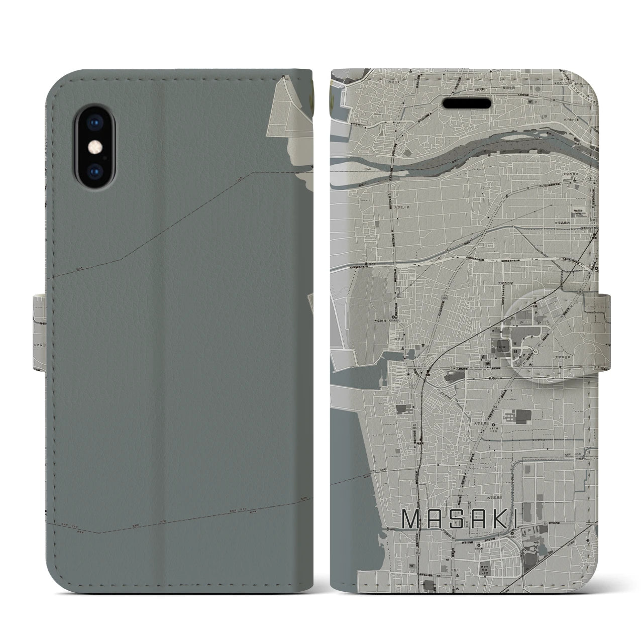 【松前(愛媛県)】地図柄iPhoneケース(手帳タイプ)モノトーン・iPhone XS / X 用