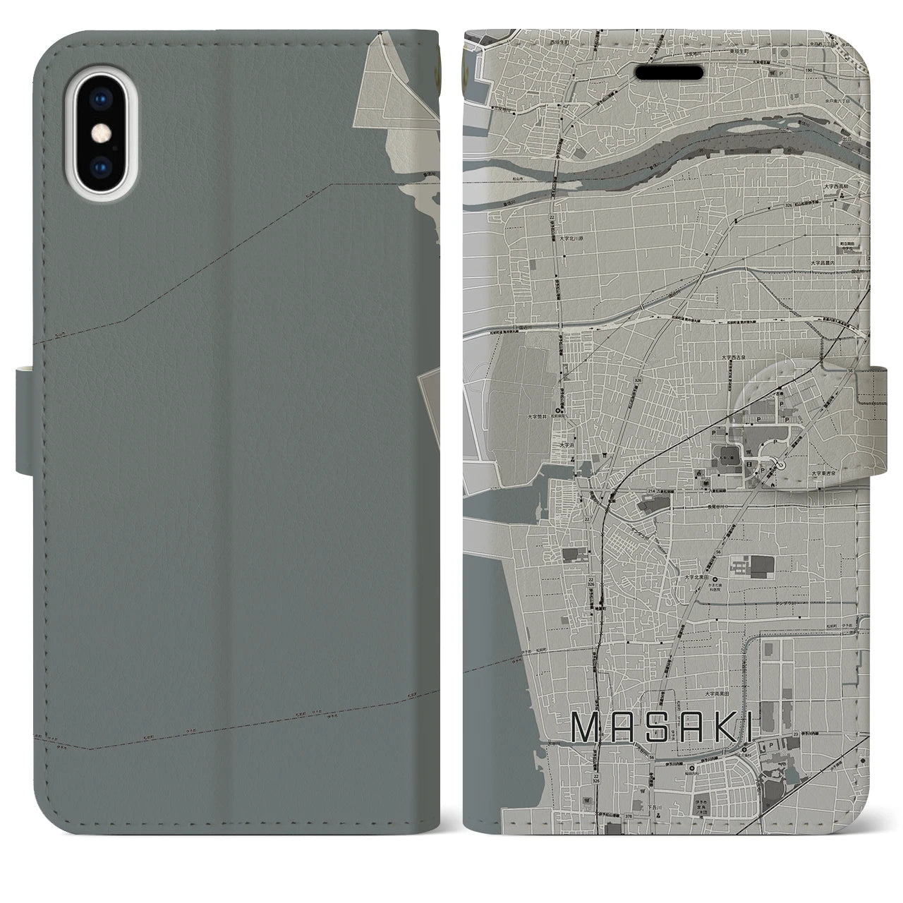 【松前(愛媛県)】地図柄iPhoneケース(手帳タイプ)モノトーン・iPhone XS Max 用