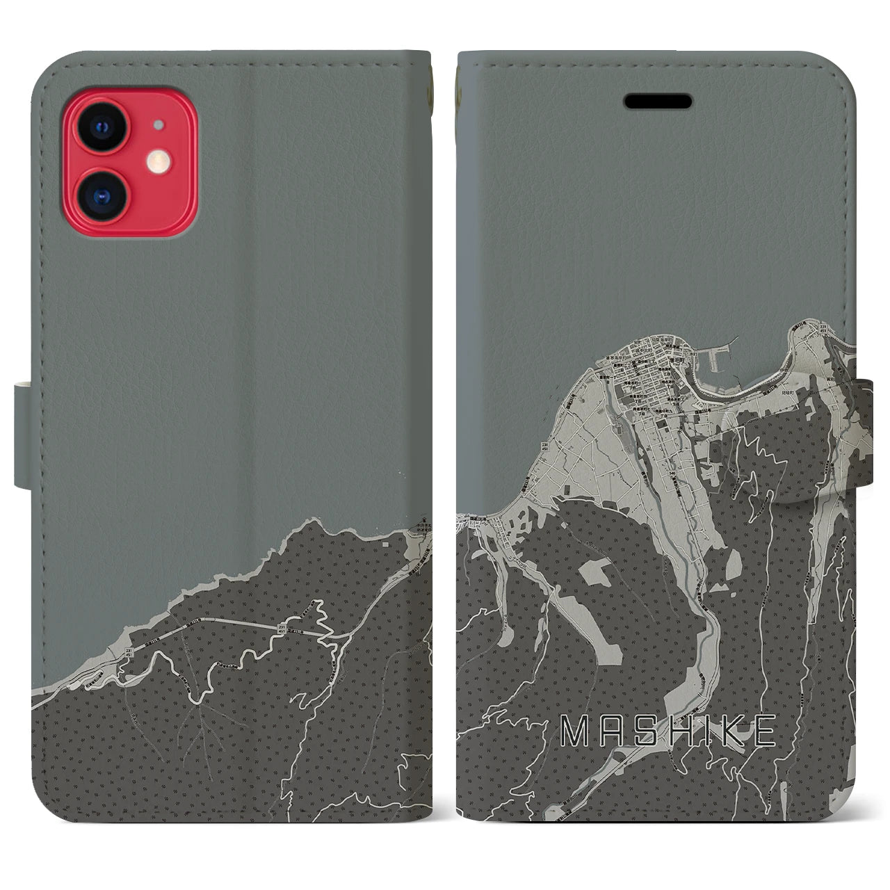 【増毛(北海道)】地図柄iPhoneケース(手帳タイプ)モノトーン・iPhone 11 用