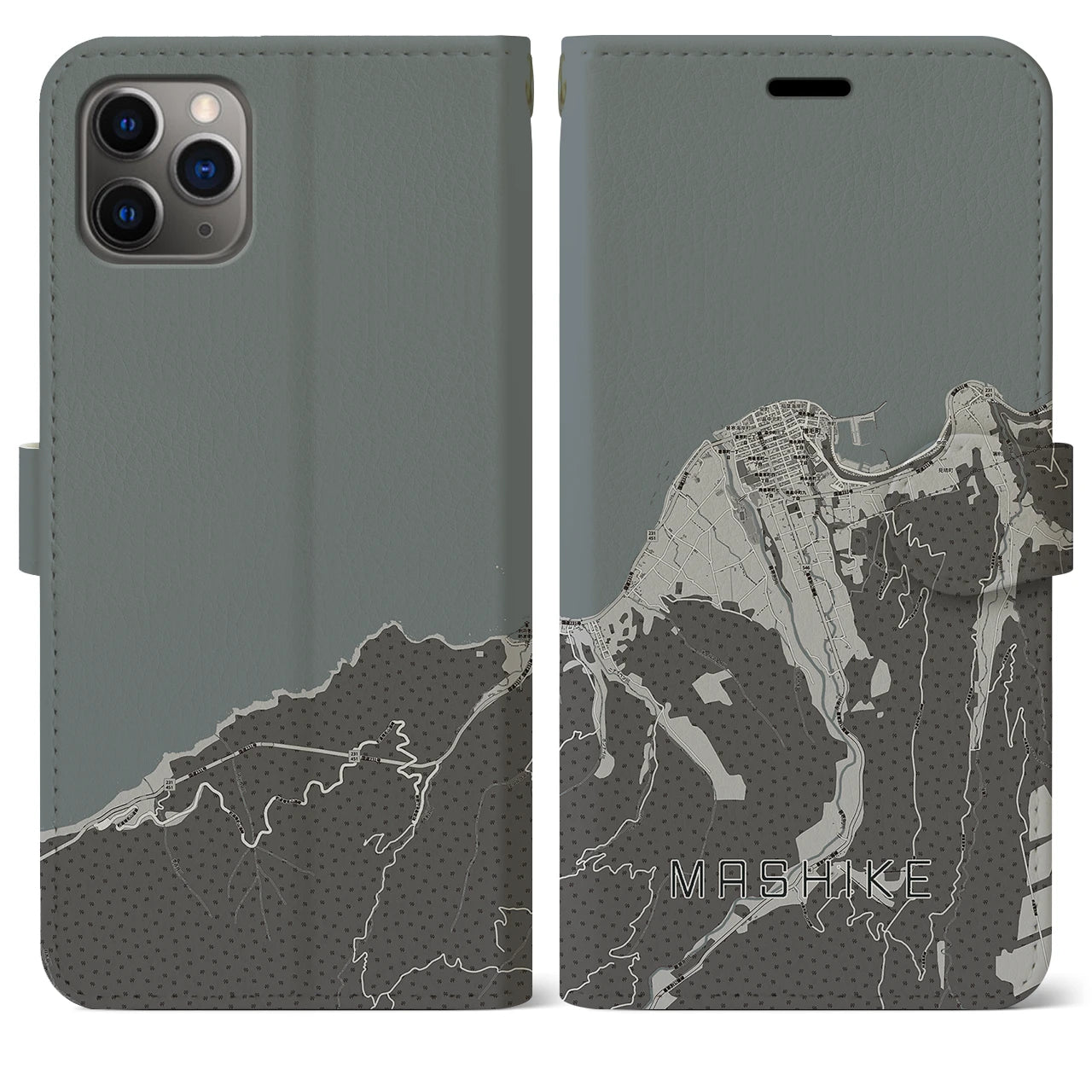 【増毛(北海道)】地図柄iPhoneケース(手帳タイプ)モノトーン・iPhone 11 Pro Max 用