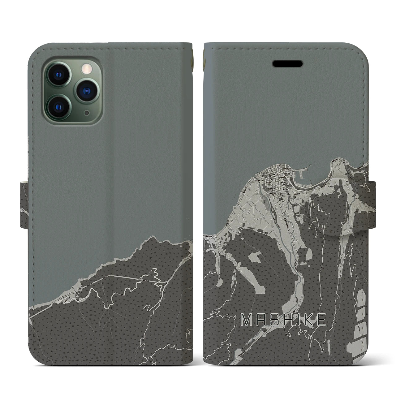 【増毛(北海道)】地図柄iPhoneケース(手帳タイプ)モノトーン・iPhone 11 Pro 用