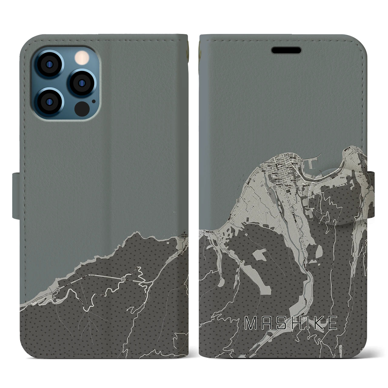 【増毛(北海道)】地図柄iPhoneケース(手帳タイプ)モノトーン・iPhone 12 / 12 Pro 用