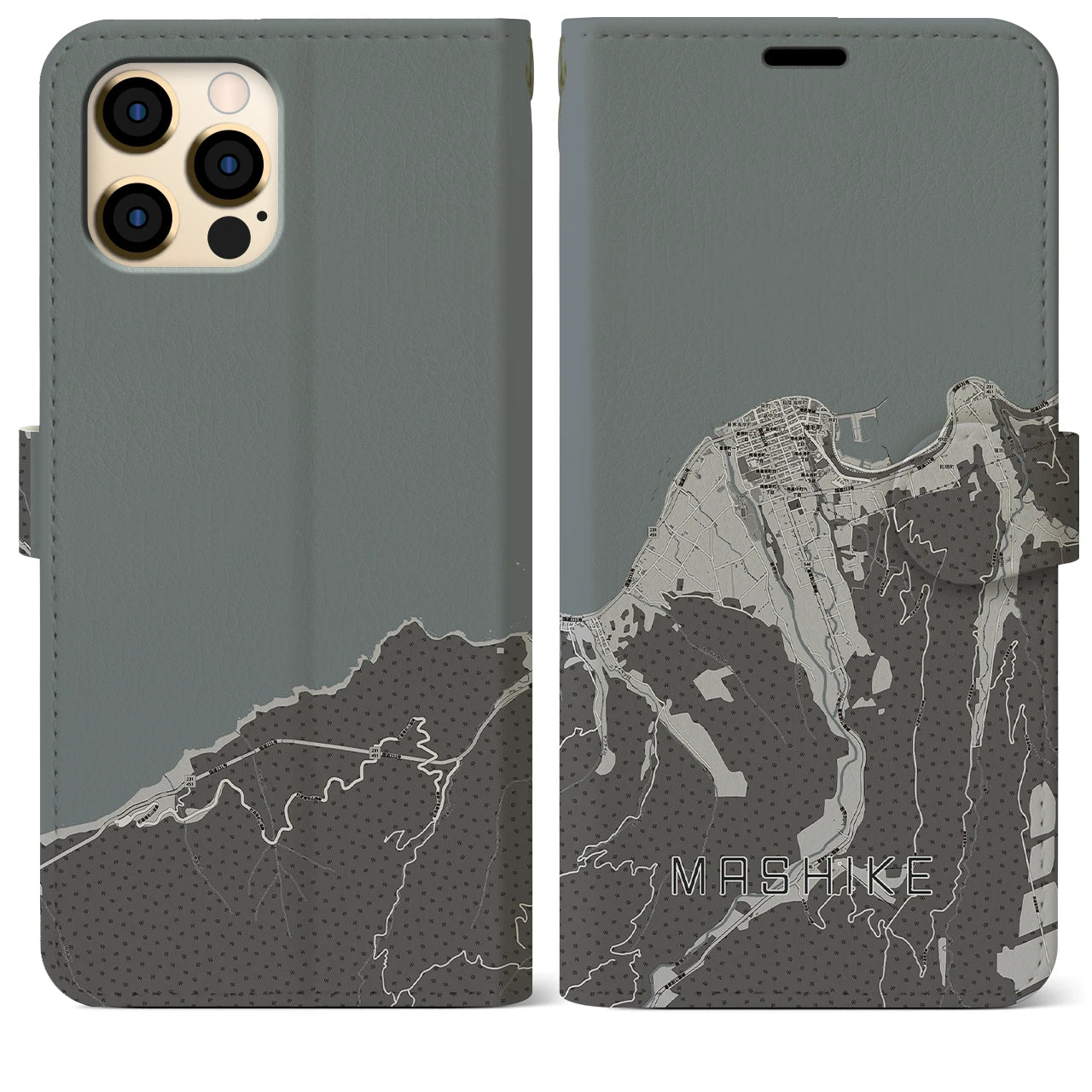 【増毛(北海道)】地図柄iPhoneケース(手帳タイプ)モノトーン・iPhone 12 Pro Max 用