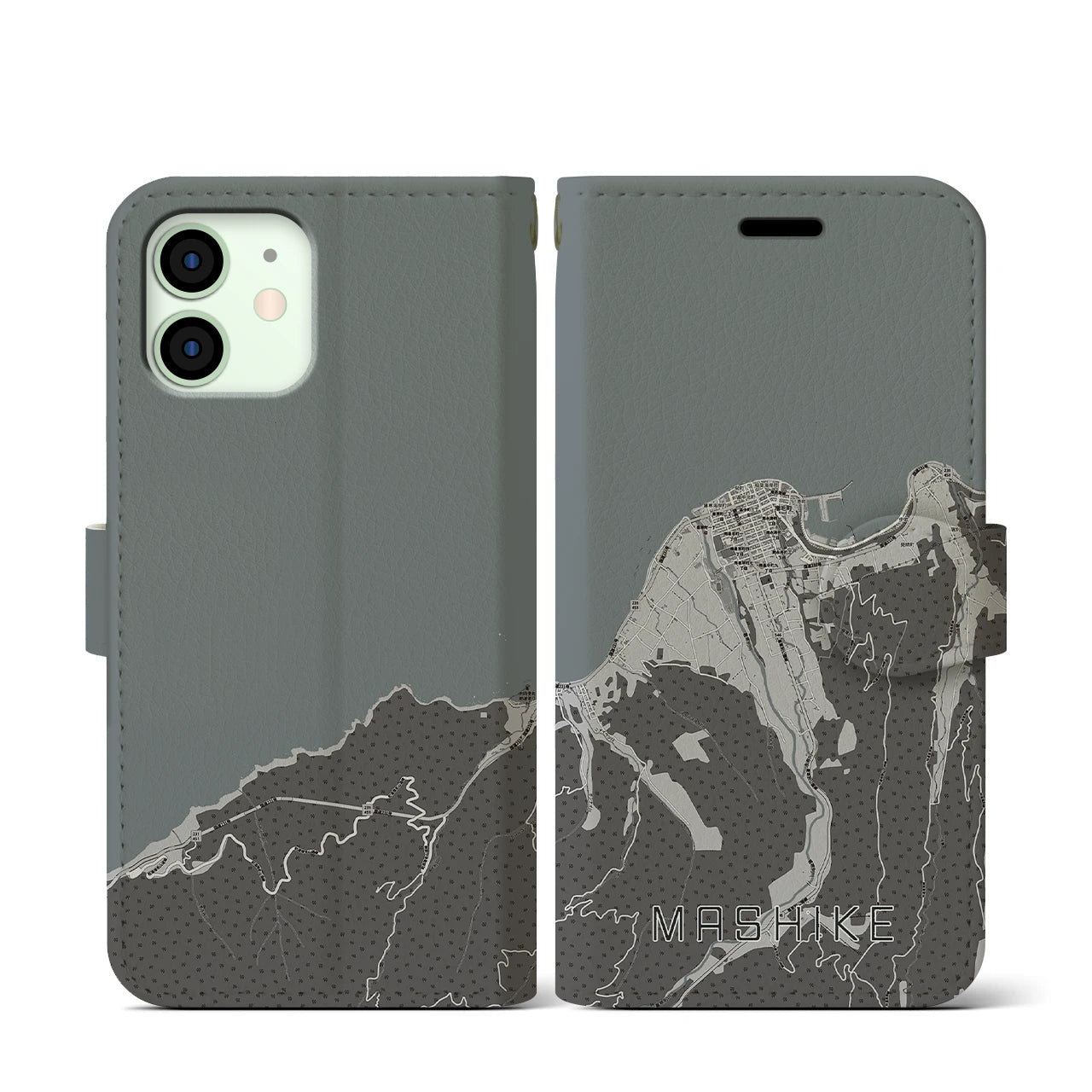 【増毛(北海道)】地図柄iPhoneケース(手帳タイプ)モノトーン・iPhone 12 mini 用