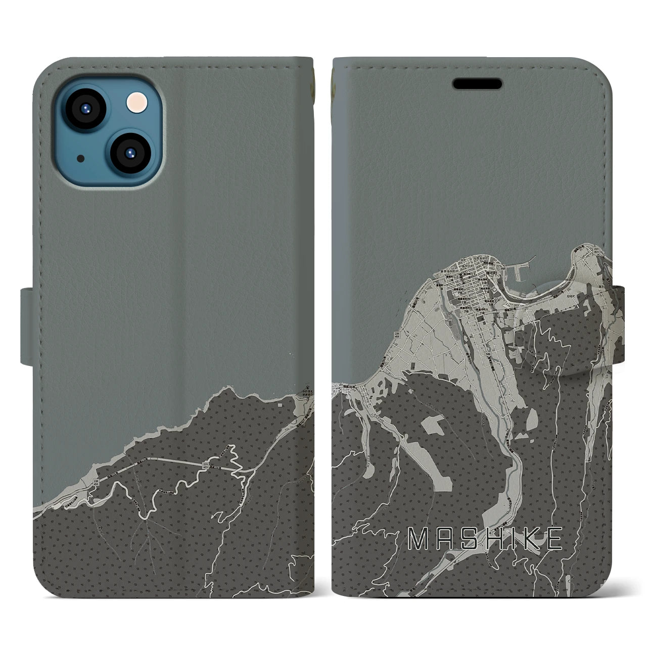 【増毛(北海道)】地図柄iPhoneケース(手帳タイプ)モノトーン・iPhone 13 用