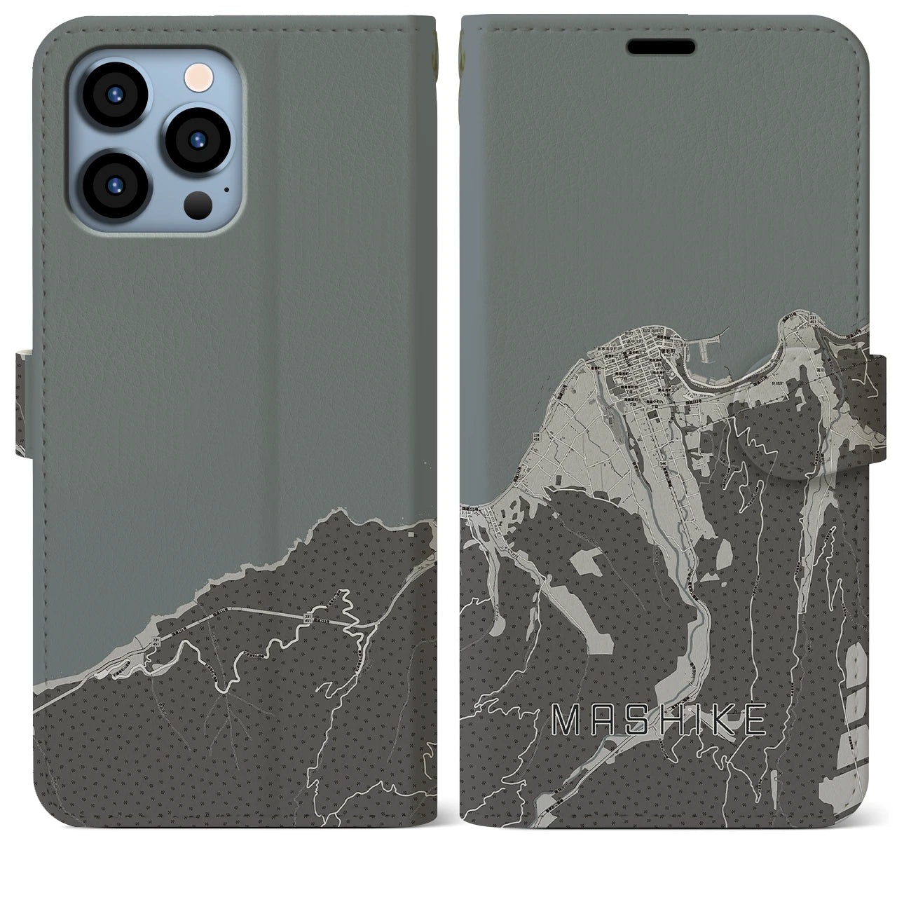 【増毛(北海道)】地図柄iPhoneケース(手帳タイプ)モノトーン・iPhone 13 Pro Max 用