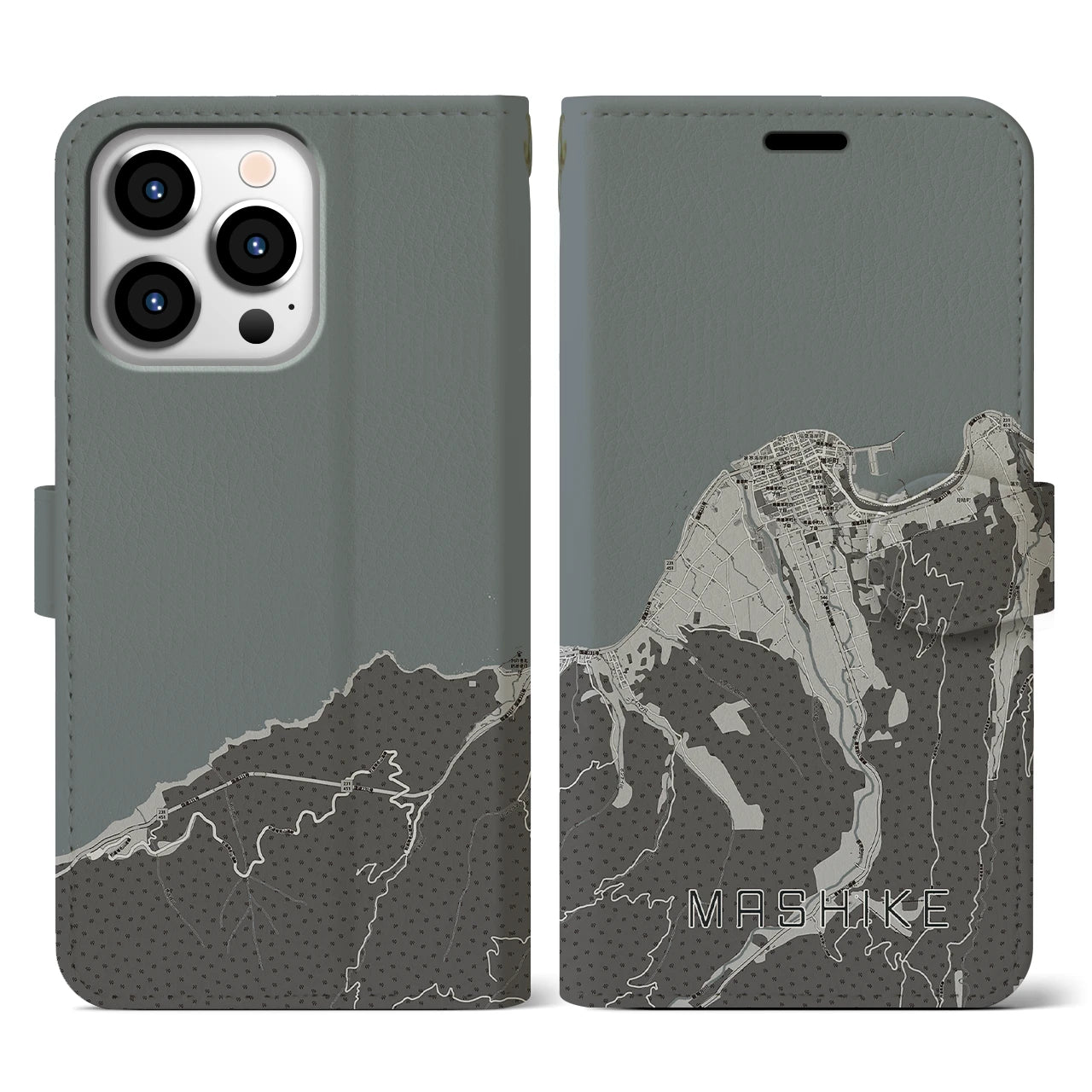 【増毛(北海道)】地図柄iPhoneケース(手帳タイプ)モノトーン・iPhone 13 Pro 用