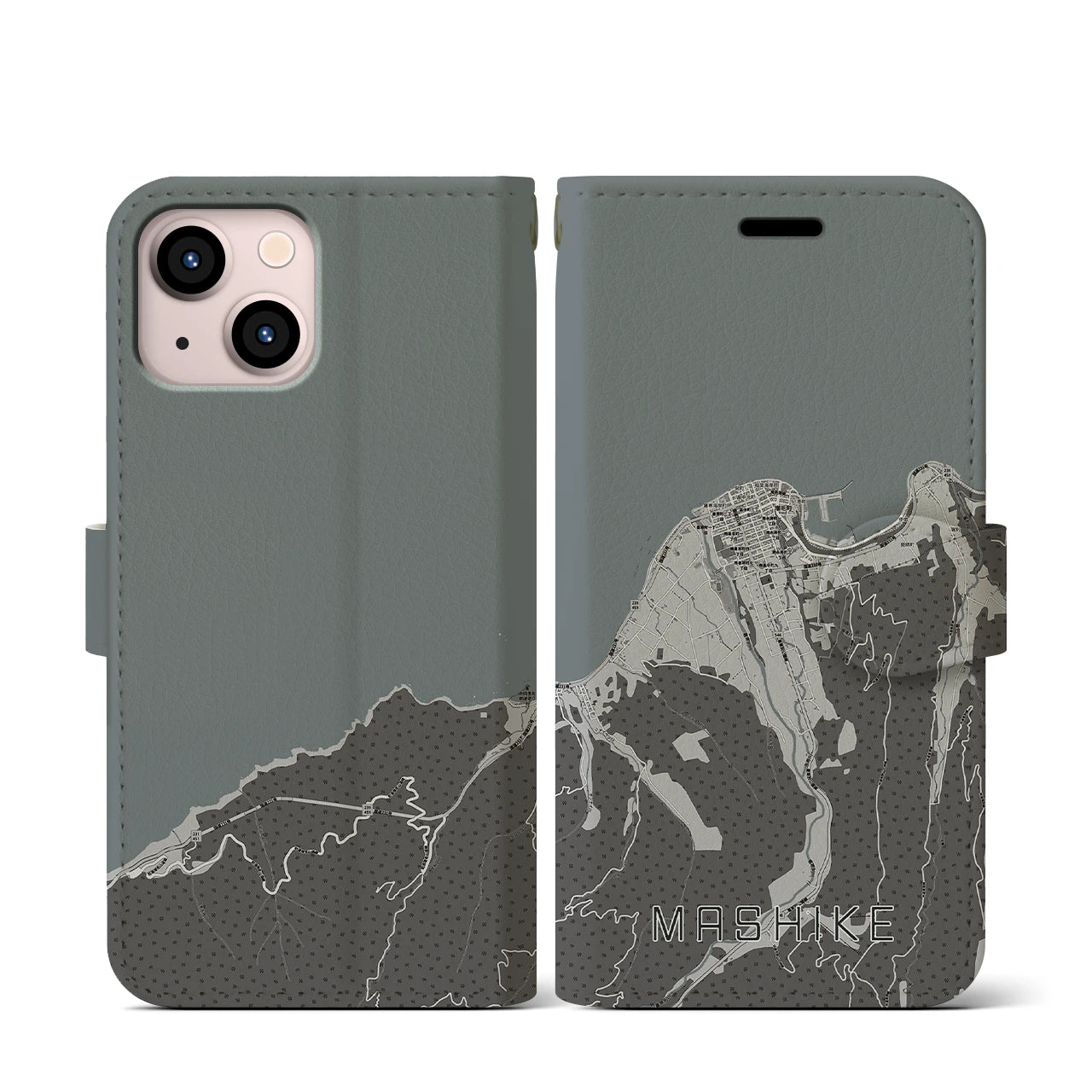 【増毛(北海道)】地図柄iPhoneケース(手帳タイプ)モノトーン・iPhone 13 mini 用