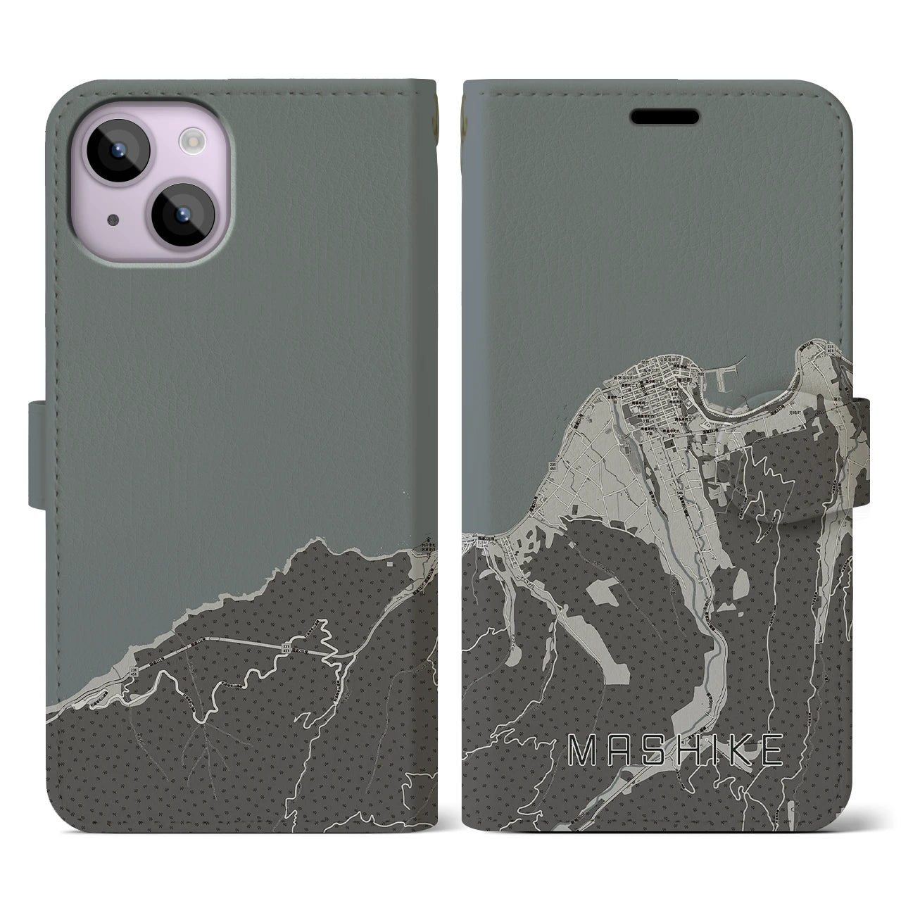 【増毛(北海道)】地図柄iPhoneケース(手帳タイプ)モノトーン・iPhone 14 用