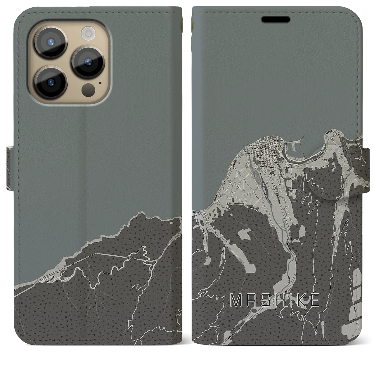 【増毛(北海道)】地図柄iPhoneケース(手帳タイプ)モノトーン・iPhone 14 Pro Max 用