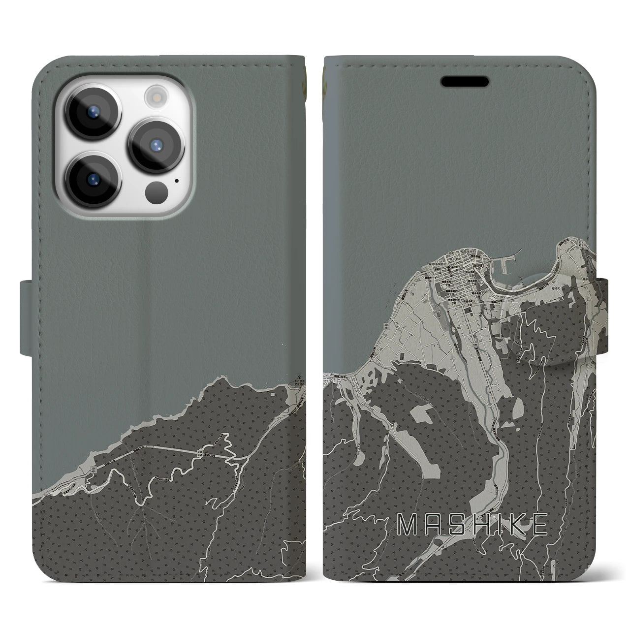 【増毛(北海道)】地図柄iPhoneケース(手帳タイプ)モノトーン・iPhone 14 Pro 用