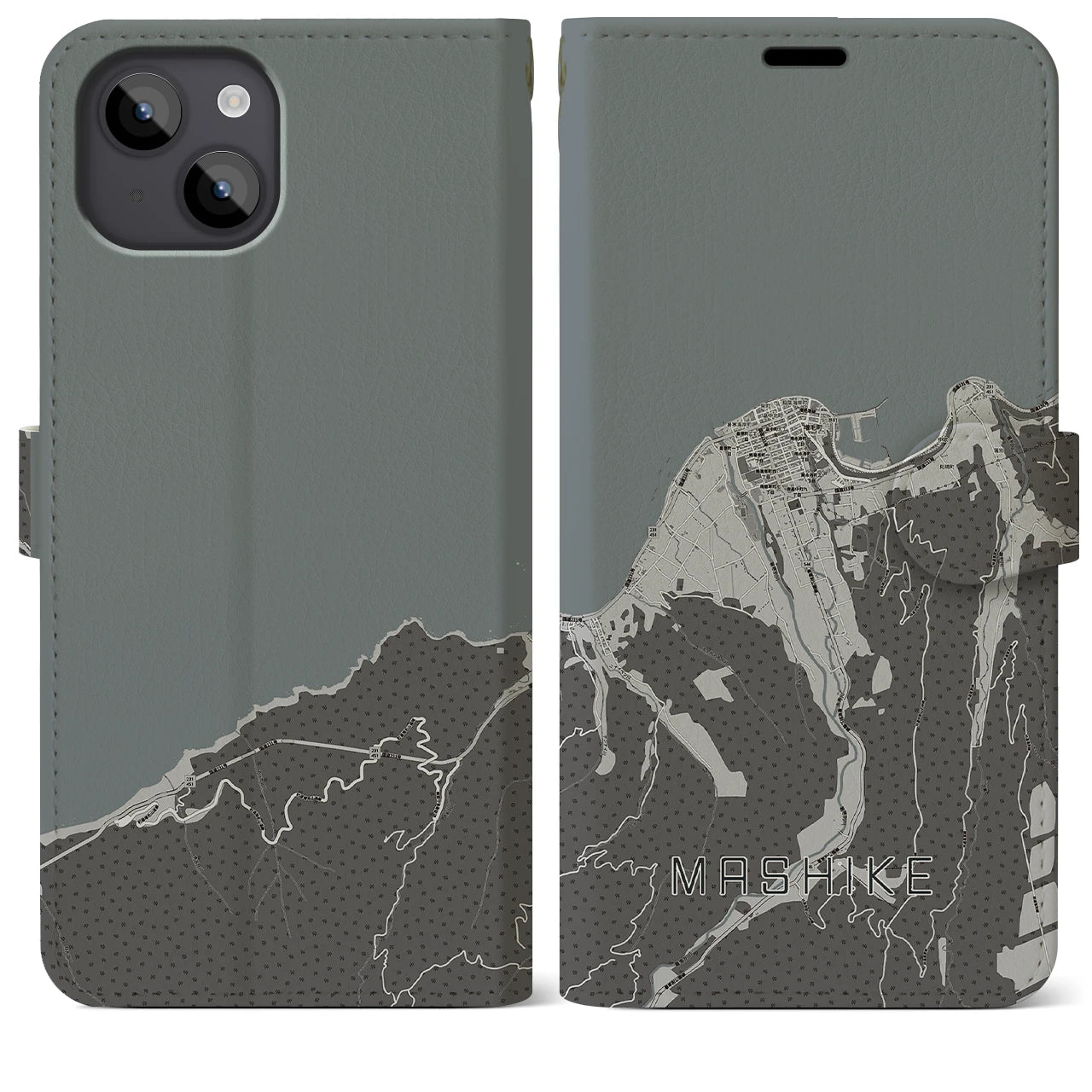 【増毛(北海道)】地図柄iPhoneケース(手帳タイプ)モノトーン・iPhone 14 Plus 用