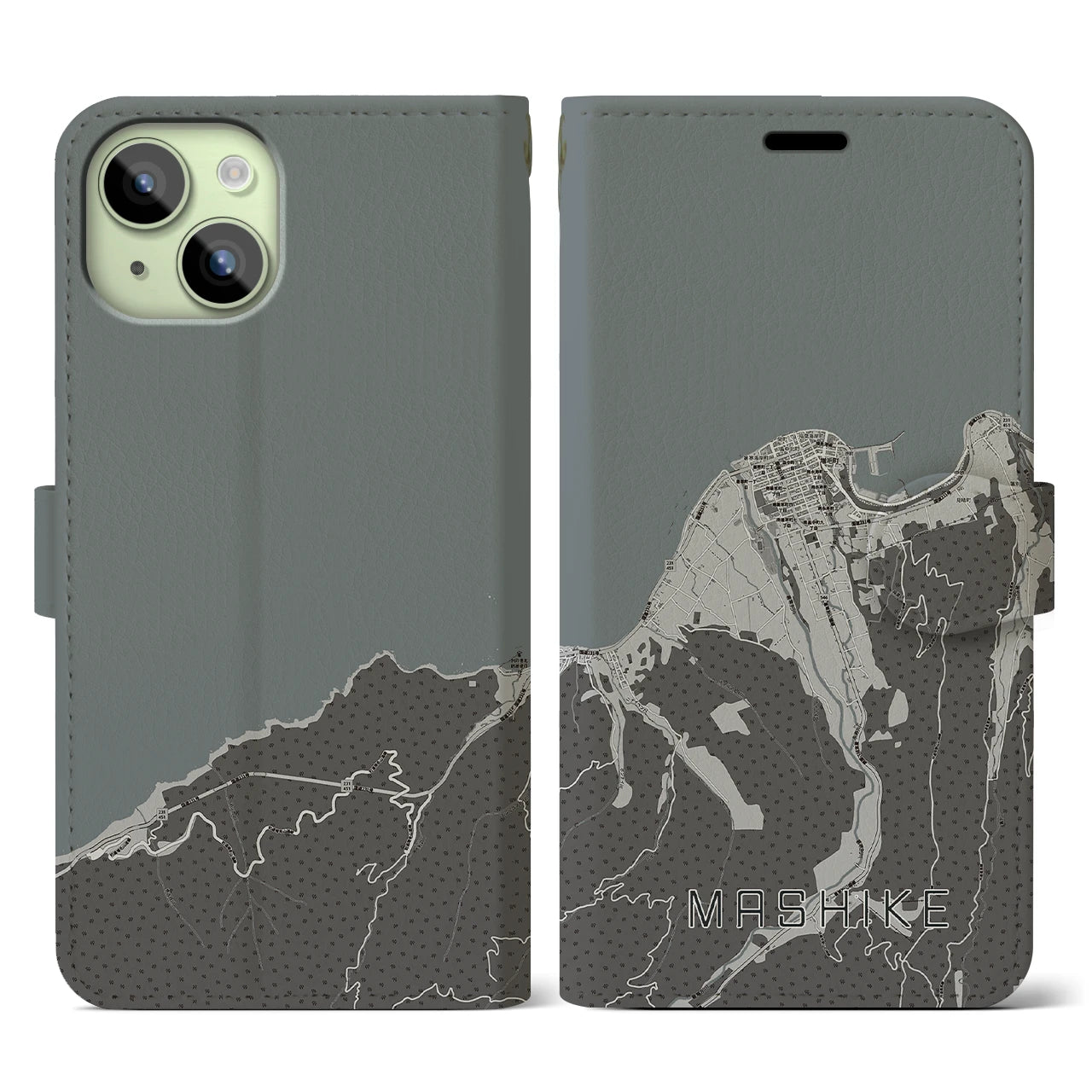 【増毛(北海道)】地図柄iPhoneケース(手帳タイプ)モノトーン・iPhone 15 用