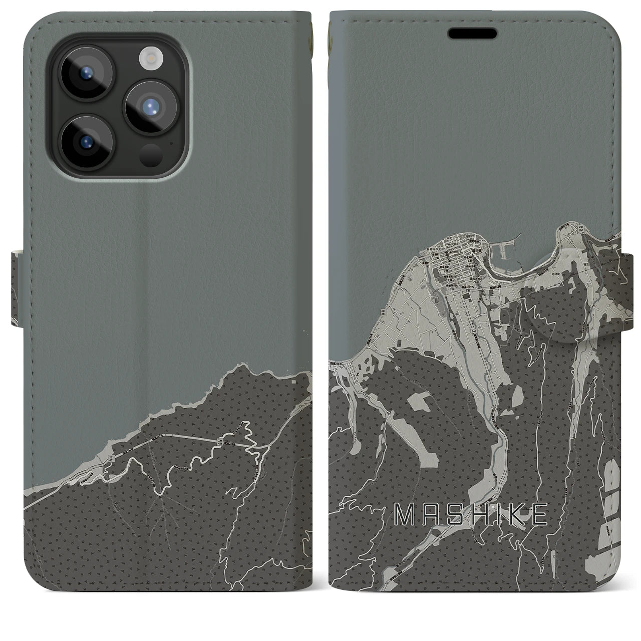 【増毛(北海道)】地図柄iPhoneケース(手帳タイプ)モノトーン・iPhone 15 Pro Max 用