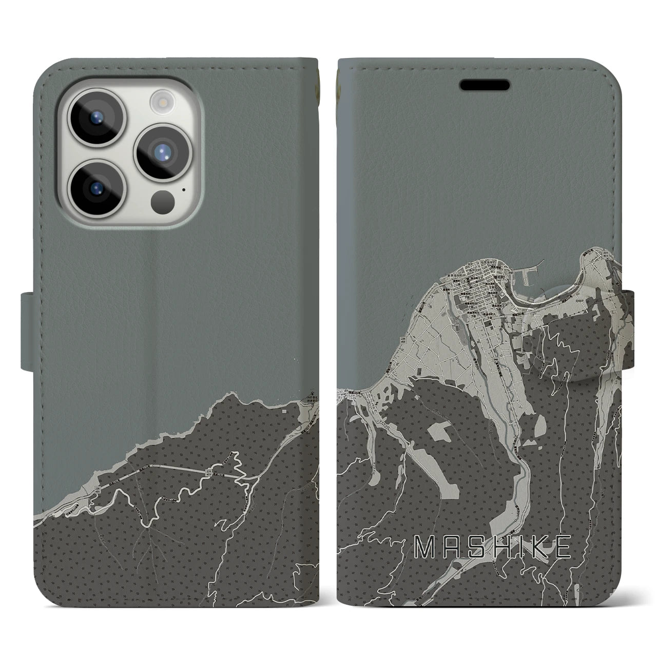 【増毛(北海道)】地図柄iPhoneケース(手帳タイプ)モノトーン・iPhone 15 Pro 用