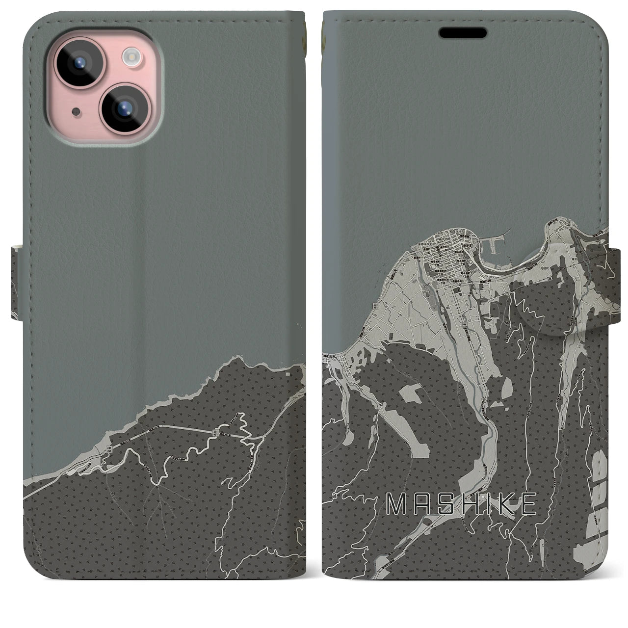 【増毛(北海道)】地図柄iPhoneケース(手帳タイプ)モノトーン・iPhone 15 Plus 用