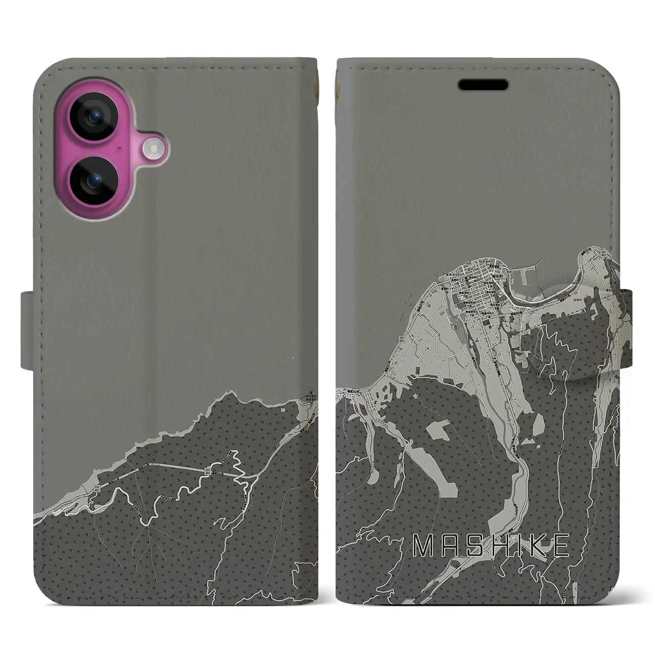 【増毛(北海道)】地図柄iPhoneケース(手帳タイプ)モノトーン・iPhone 16 Pro 用