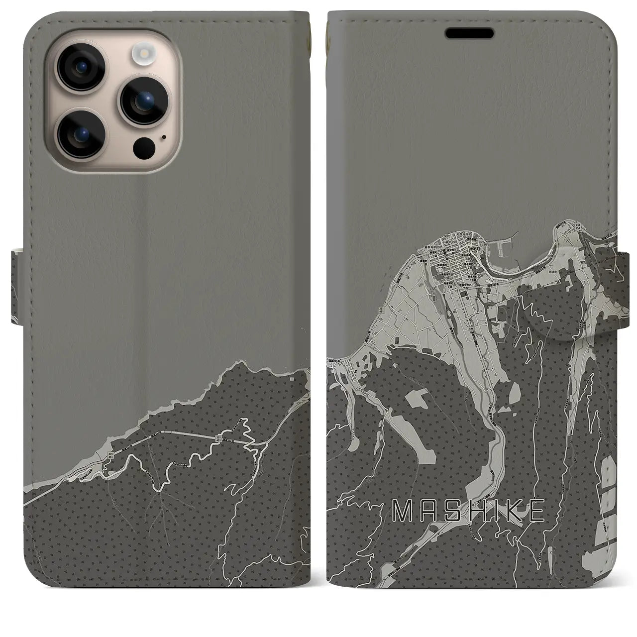 【増毛(北海道)】地図柄iPhoneケース(手帳タイプ)モノトーン・iPhone 16 Plus 用