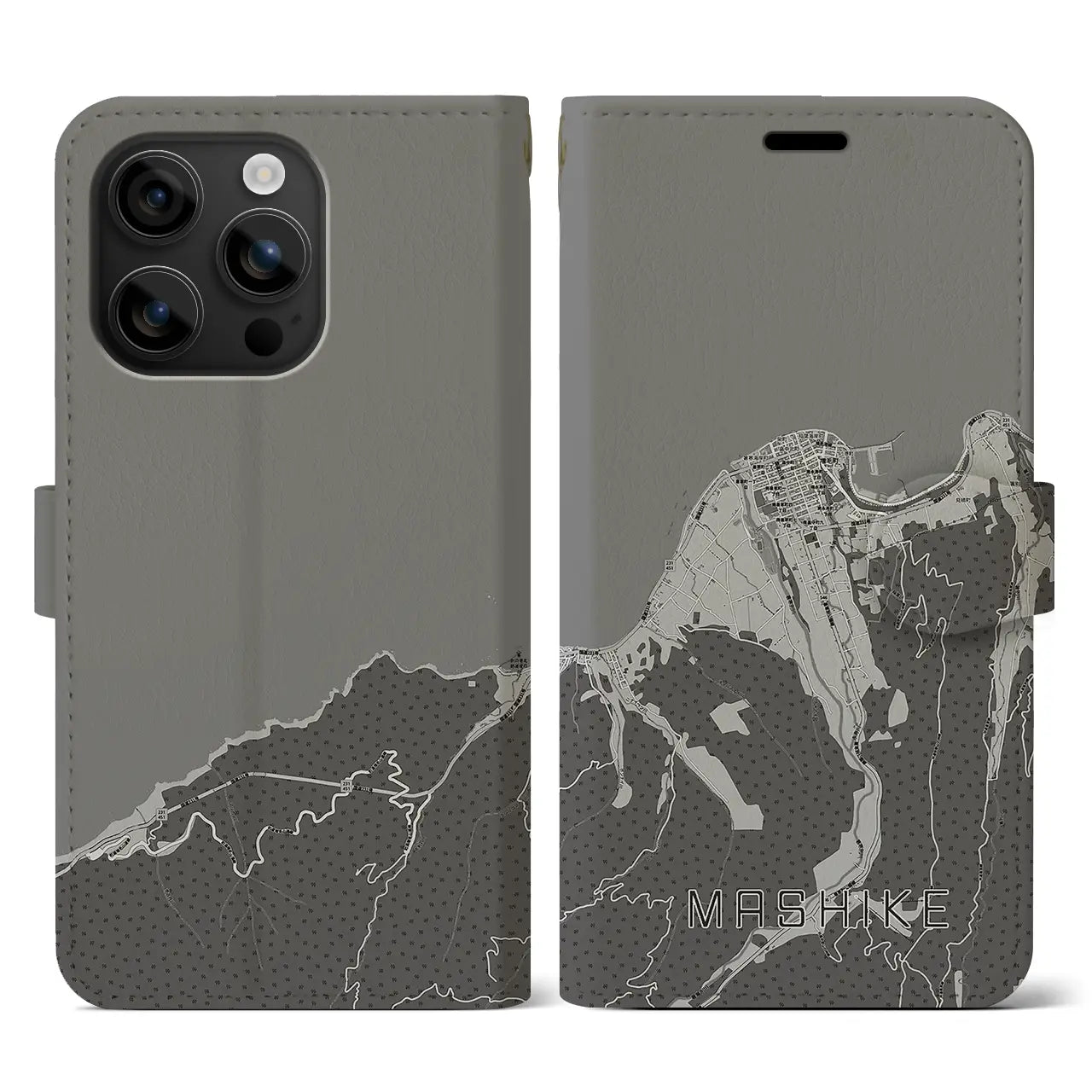 【増毛(北海道)】地図柄iPhoneケース(手帳タイプ)モノトーン・iPhone 16 用