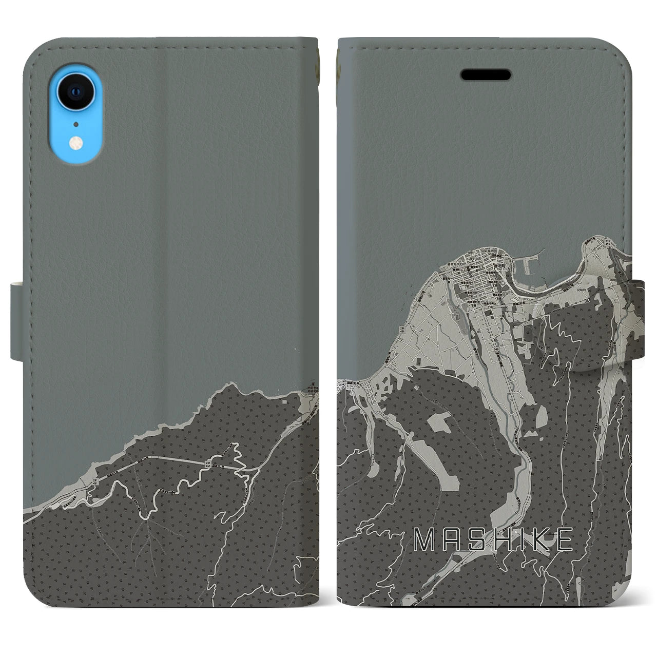【増毛(北海道)】地図柄iPhoneケース(手帳タイプ)モノトーン・iPhone XR 用