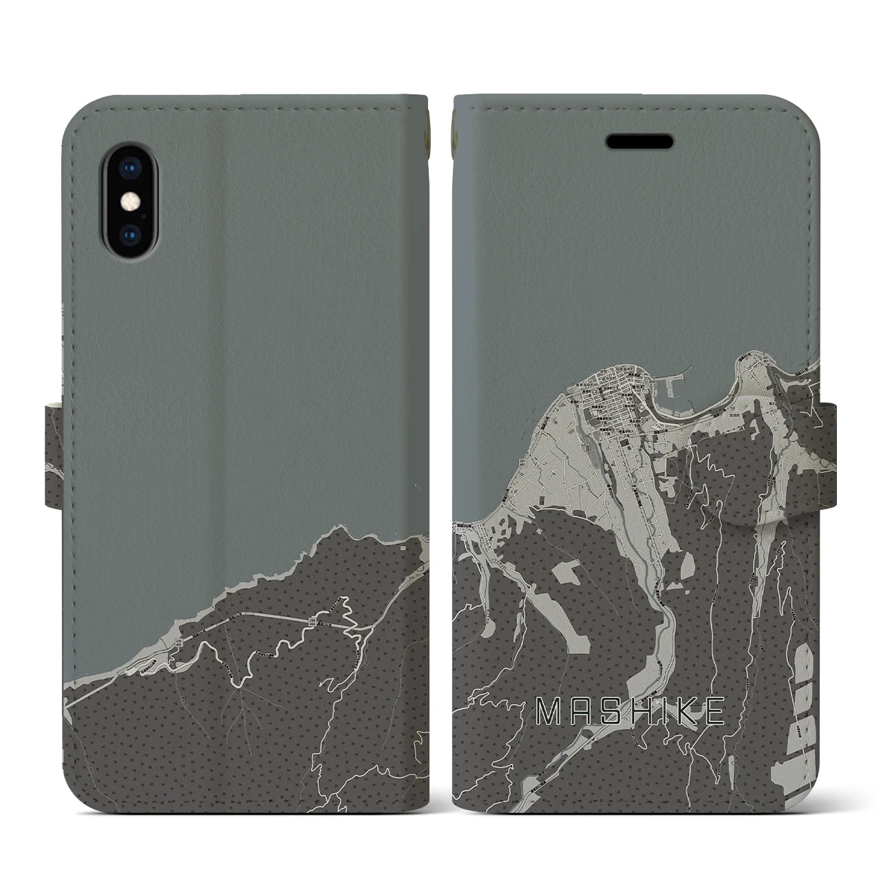 【増毛(北海道)】地図柄iPhoneケース(手帳タイプ)モノトーン・iPhone XS / X 用