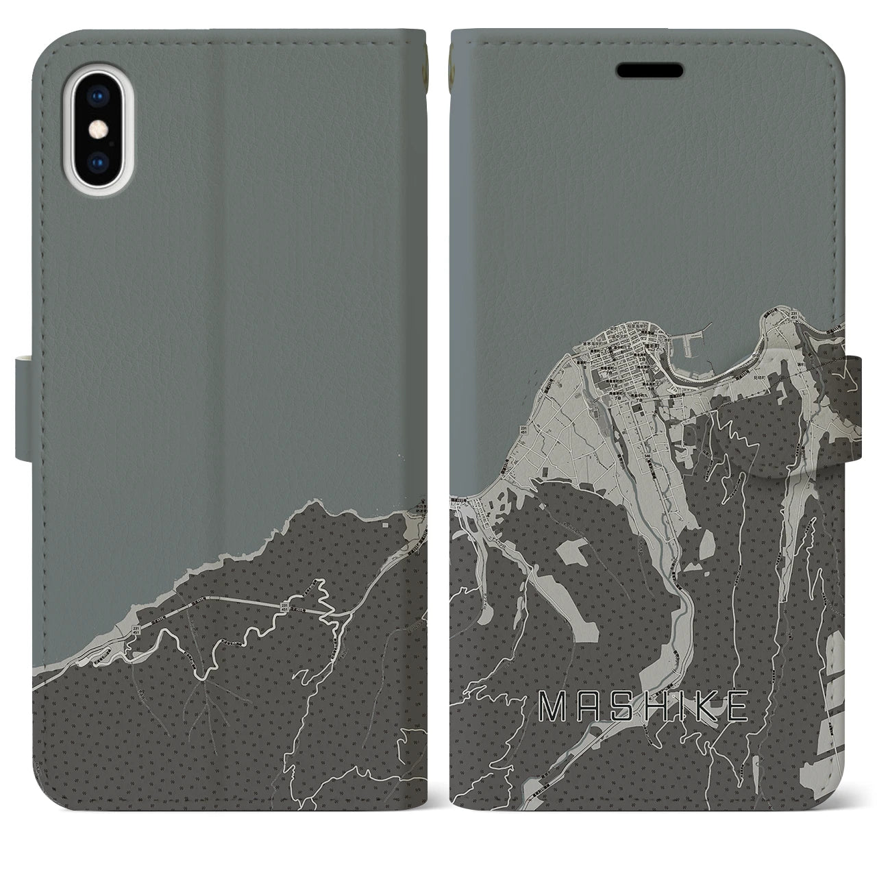 【増毛(北海道)】地図柄iPhoneケース(手帳タイプ)モノトーン・iPhone XS Max 用