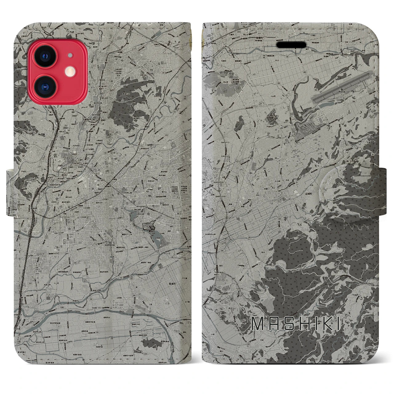 【益城(熊本県)】地図柄iPhoneケース(手帳タイプ)モノトーン・iPhone 11 用