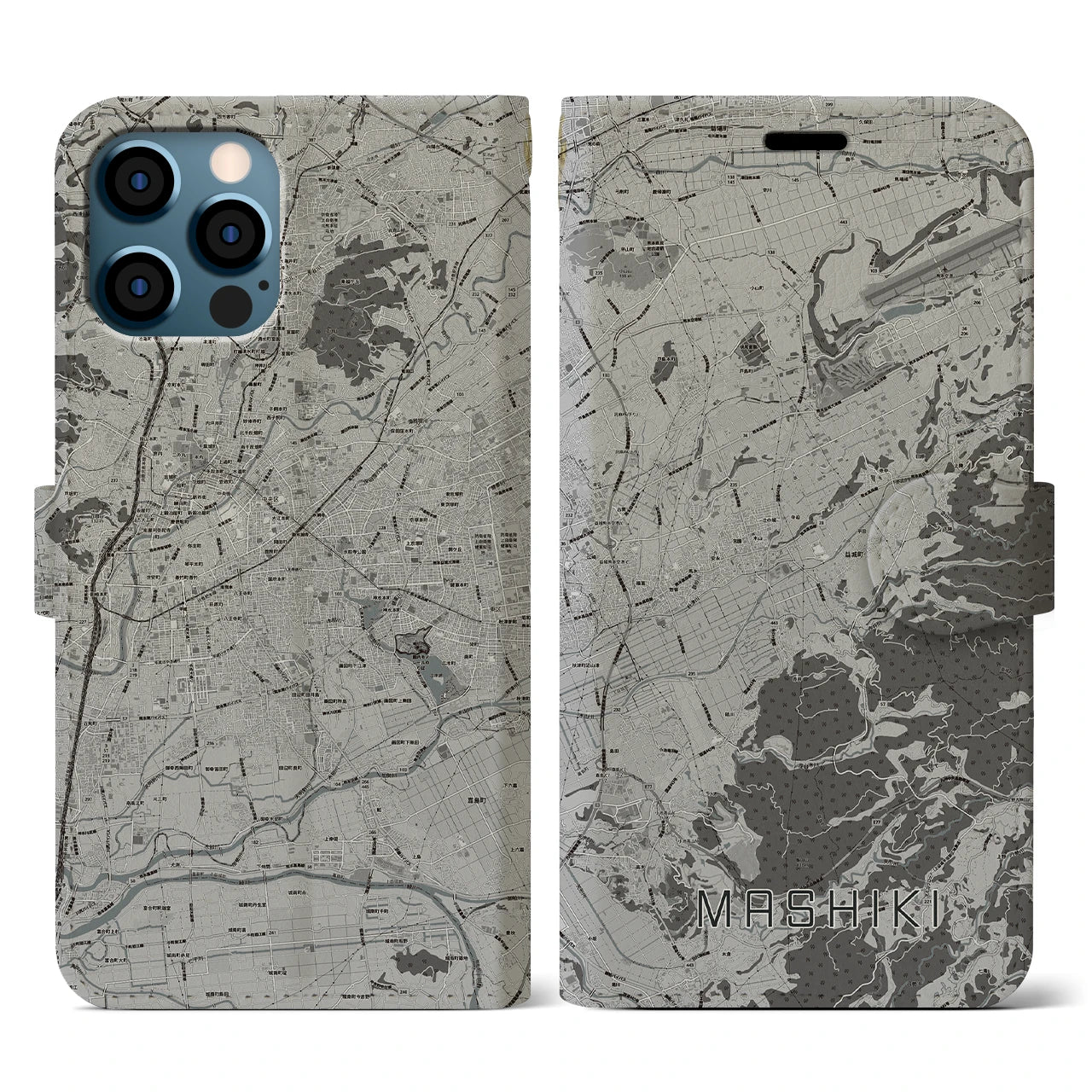 【益城(熊本県)】地図柄iPhoneケース(手帳タイプ)モノトーン・iPhone 12 / 12 Pro 用