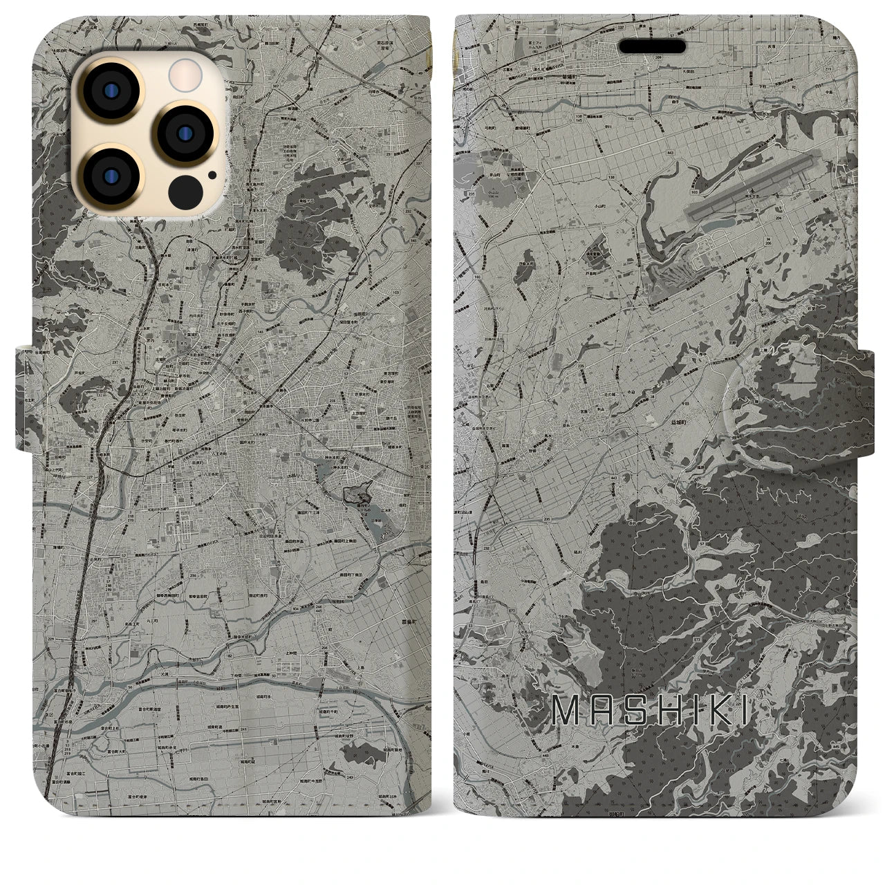 【益城(熊本県)】地図柄iPhoneケース(手帳タイプ)モノトーン・iPhone 12 Pro Max 用