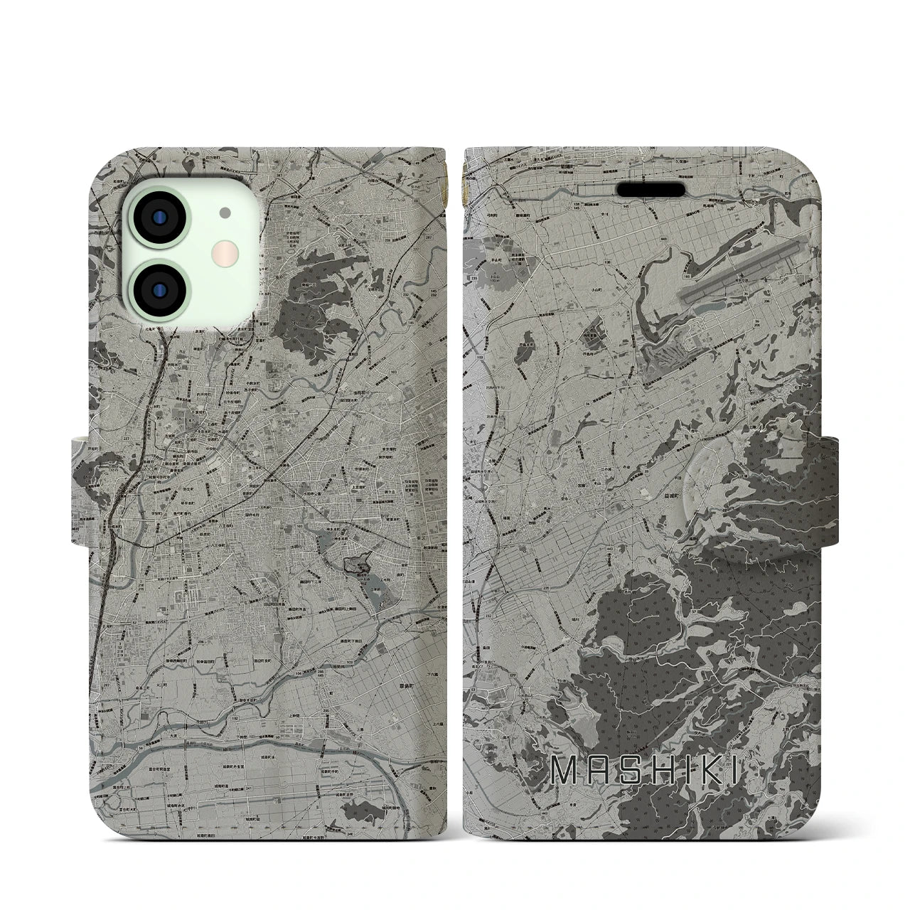 【益城(熊本県)】地図柄iPhoneケース(手帳タイプ)モノトーン・iPhone 12 mini 用