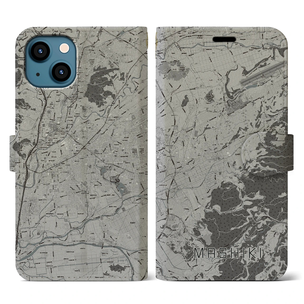 【益城(熊本県)】地図柄iPhoneケース(手帳タイプ)モノトーン・iPhone 13 用