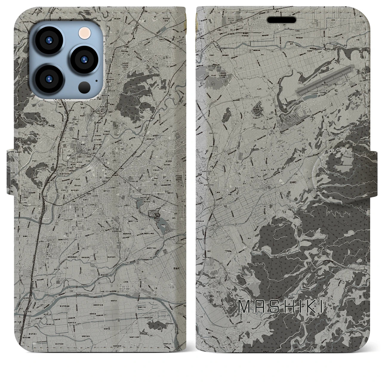 【益城(熊本県)】地図柄iPhoneケース(手帳タイプ)モノトーン・iPhone 13 Pro Max 用