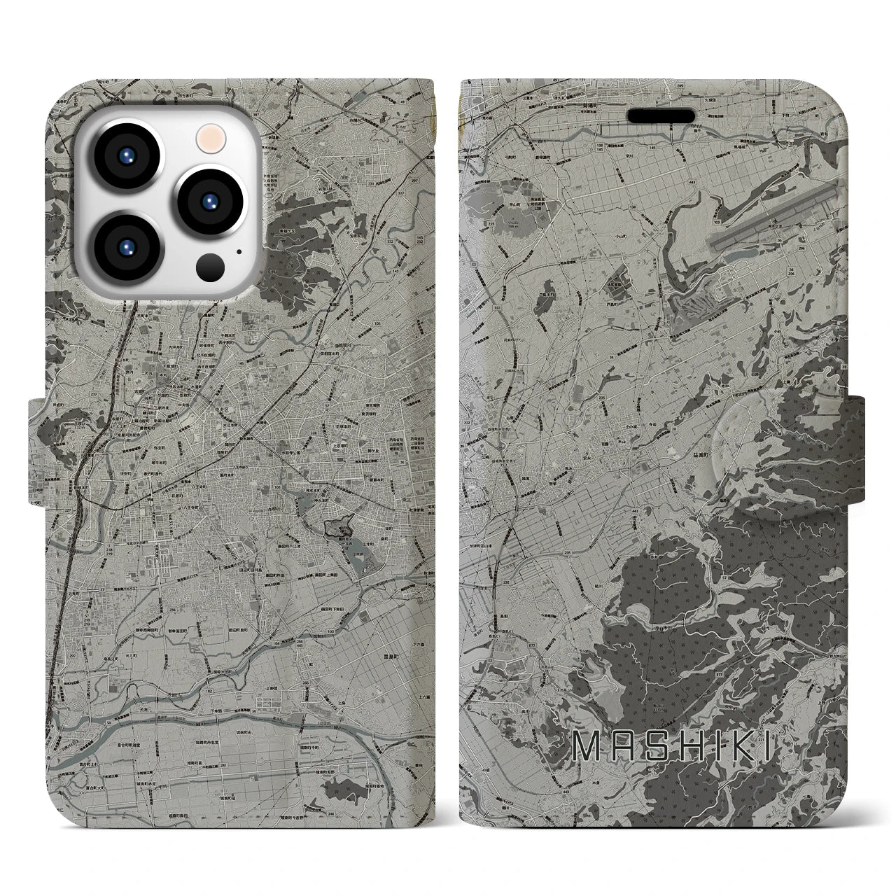 【益城(熊本県)】地図柄iPhoneケース(手帳タイプ)モノトーン・iPhone 13 Pro 用