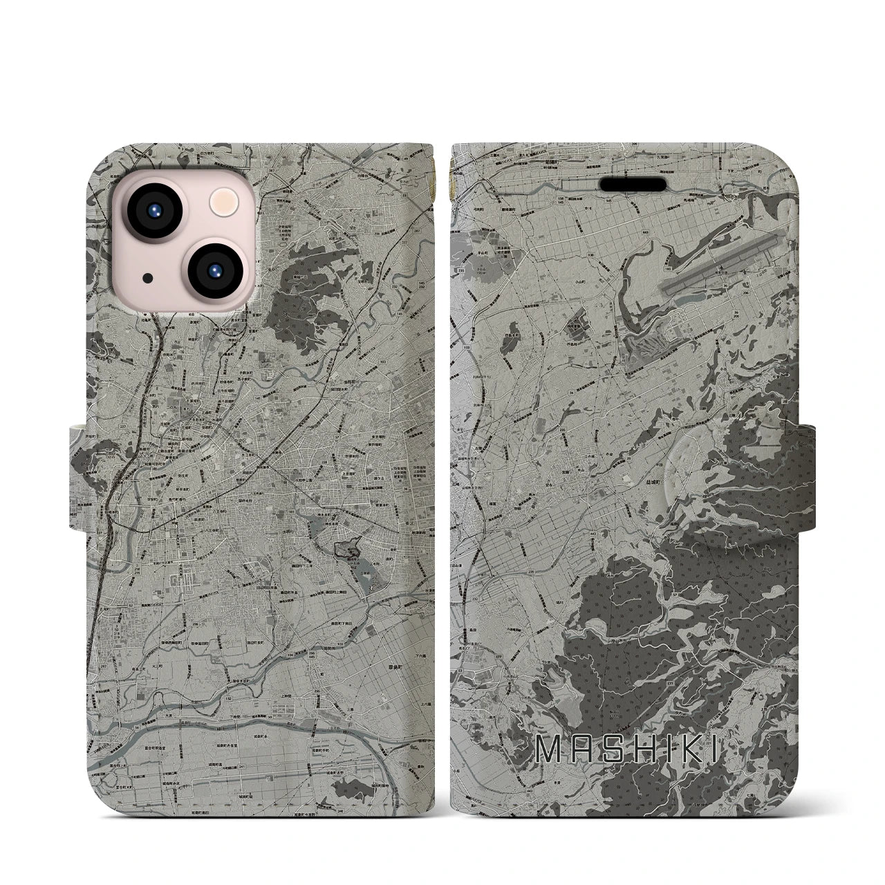 【益城(熊本県)】地図柄iPhoneケース(手帳タイプ)モノトーン・iPhone 13 mini 用