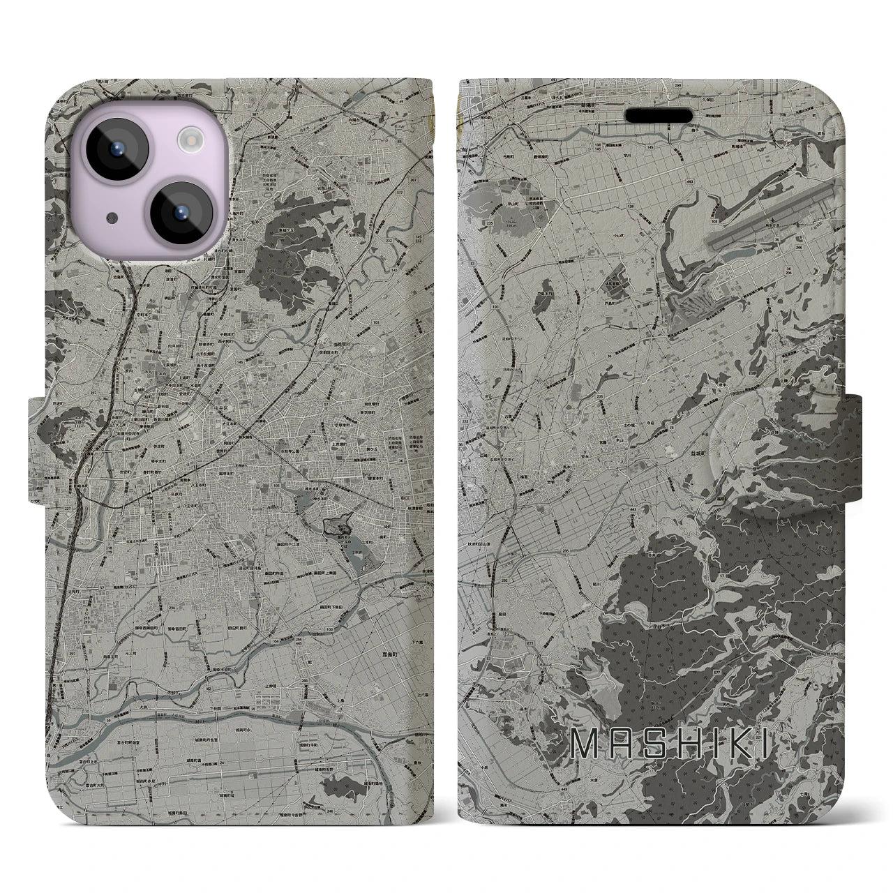 【益城(熊本県)】地図柄iPhoneケース(手帳タイプ)モノトーン・iPhone 14 用